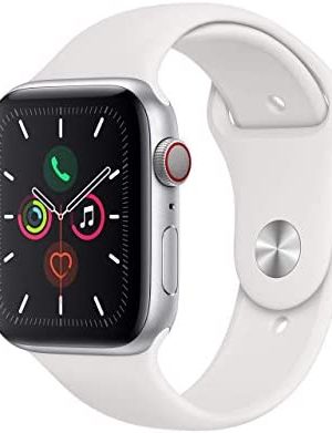 Apple Watch Series 5 (GPS + Cellular, 44MM) Silver Aluminum Case with White Sport Band (Renewed)